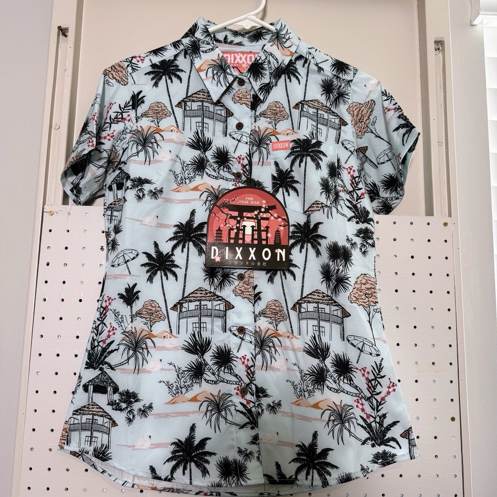 Dixxon Ikigai Shirt Womens Small Blue Pacific Short Sleeve Button Up Palm‎ Tree